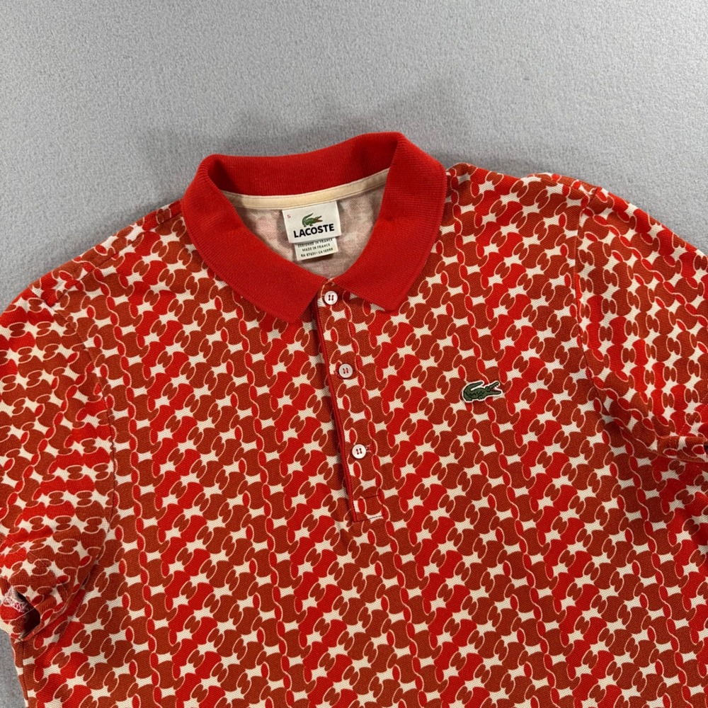 Lacoste Polo Shirt Geometric Chain Print Size 5 Red Short Sleeve Logo